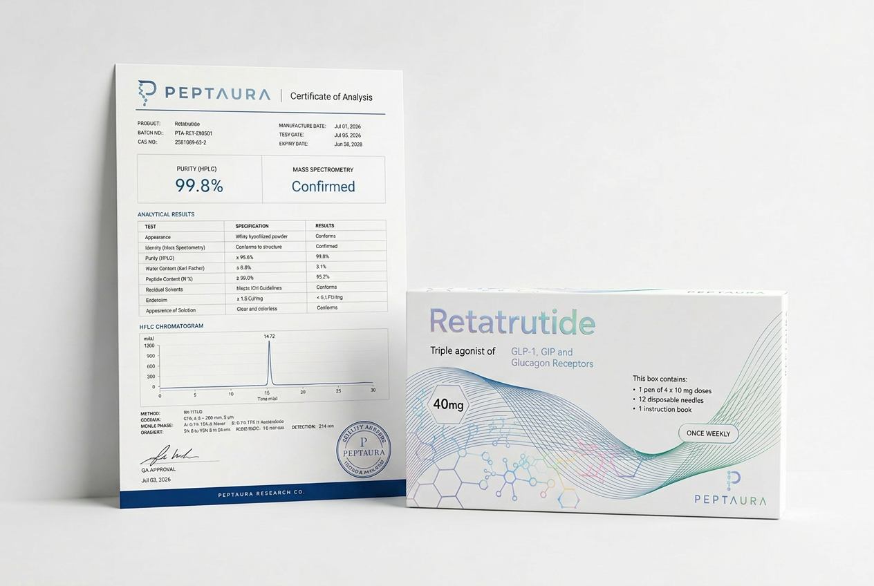 Peptaura Retatrutide Certificate of Analysis and product box